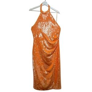 Caroline Constas Orange Sequins halter cocktail party dress Small